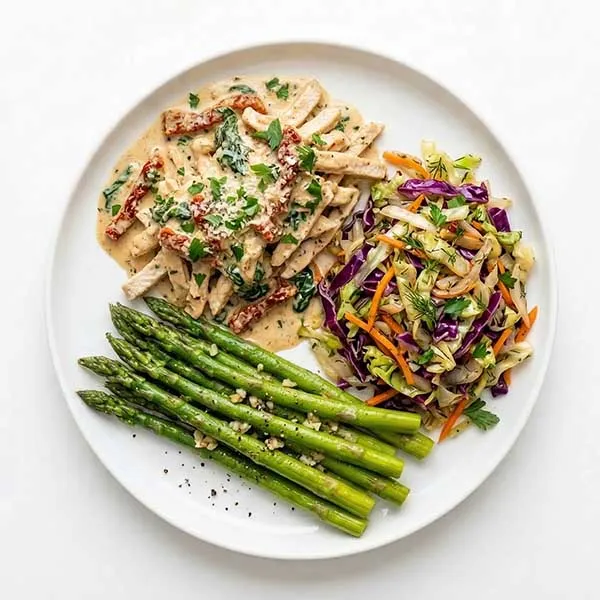 Creamy Tuscan Chicken  with Garlic Butter Asparagus and Cabbage Mix